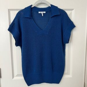 Three Dots Blue Crochet Knit Short Sleeve Polo Sweater Women's Casual V-Neck M